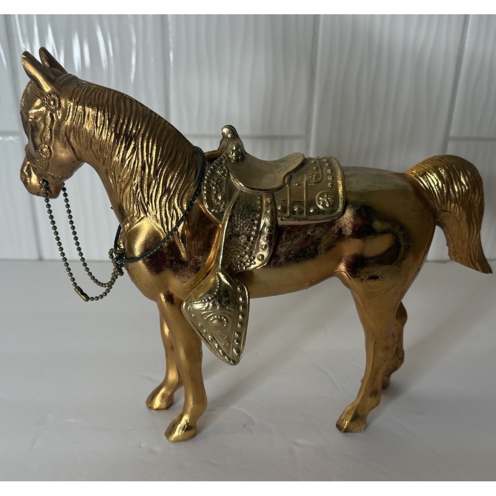 Vintage MCM Brass Like Western Style Horse w Saddle Nostalgic Americana Decor - Picture 2 of 16